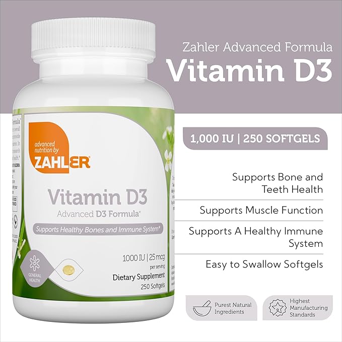 Zahler - Advanced Vitamin D3 1000 IU Softgels (250 Count) Kosher Vegetarian Friendly Vitamin D for Immune Support, Bone, Teeth & Muscle Health - Daily D3 Vitamin Supplement for Adults - Easy Swallow V