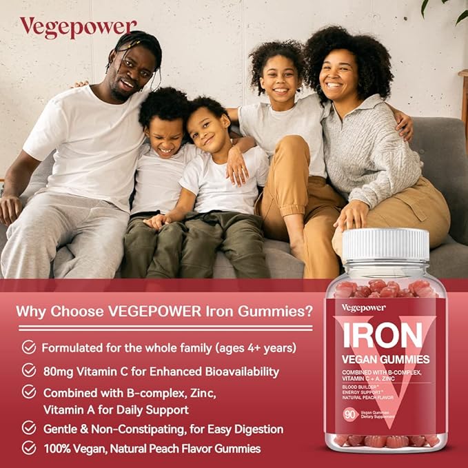 Vegan Iron Gummies Supplement - with Vitamin C, A, B-Complex, Folate, Zinc for Adults & Kids - Blood Builder & Energy Support for Iron Deficiency, Anemia, No After Taste - Peach Flavor (90 Ct)