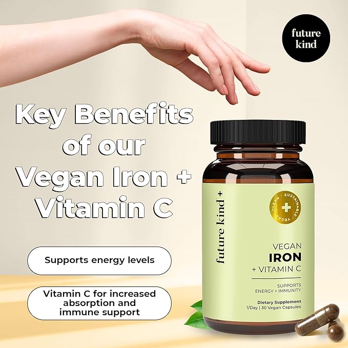 Future Kind Vegan Iron Supplement with Vitamin C (30 Iron Capsules) in Glass Bottle - Iron Supplements for Men and Women - Vegan Supplement Iron with Vitamin C for Energy, Focus & Immunity Support