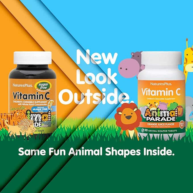 Natures Plus Animal Parade Sugar-Free Children's Vitamin C, Natural Orange Juice Flavor - 90 Chewable Animal Shaped Tablets - Immune Support - Gluten Free - 45 Servings