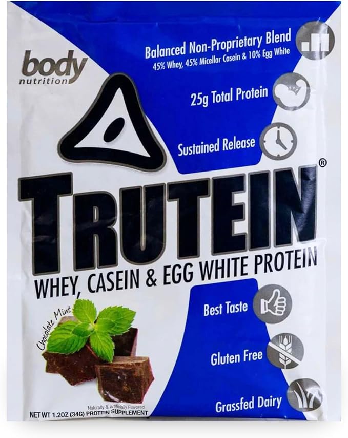Body Nutrition Trutein High Protein Powder: 45% Whey, 45% Casein, 10% Egg White, Gluten-Free, Low Sodium, Grass Fed Whey Protein Powder, Gym Supplement & Breakfast Shake, Chocolate Mint, 34g Sample