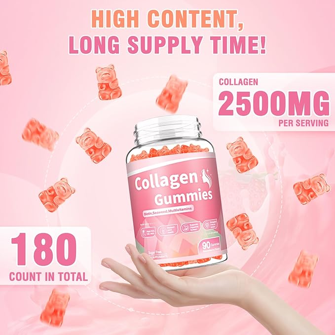 180 Count Collagen Gummies 2500mg Collagen Protein Type I II III V X with 15000mcg Biotin Vitamins C A B D E Keratin Hyaluronic Acid for Hair Skin Nails Joint Immune Digestion for Women Men Sugar Free