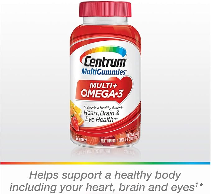 Centrum MultiGummies Multi + Omega-3 Natural Strawberry, Lemon, Orange Flavors Multivitamin/Multimineral Supplement Gummy, 100 Count