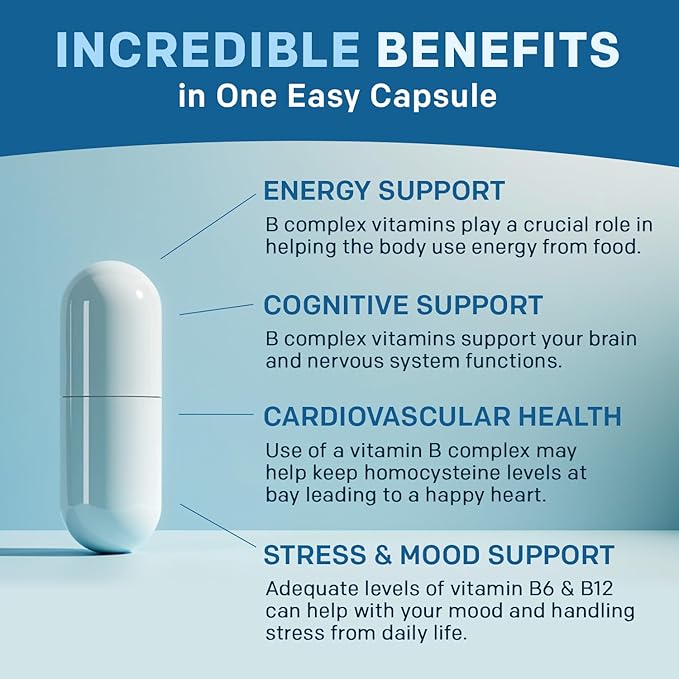 Methylated B Complex with B12 Methylcobalamin & Methyl Folate 1000 mcg - Premium Vitamin B Complex for Energy, Brain Function, and Wellness - Methylated Multivitamin (90 Servings, Pack of 1)