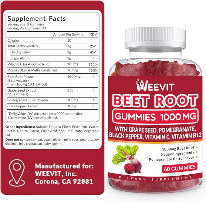 Beet Root Gummies 1000mg, Nitric Oxide Supplement for Men Women | Organic Beet Gummy with Grape Seed, Pomegranate, Black Pepper, Vitamin C, B12 (2-Pack)