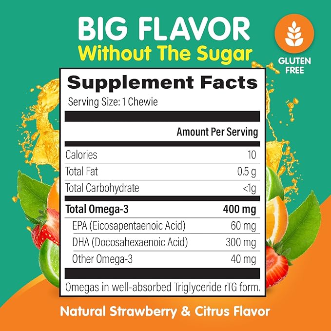 Omega 3 Gummies - Ultra-High DHA Chewable Gel Gummy - Omega 3 for Kids Supports Brain & Eye Health - Sugar-Free Natural Fruit Flavor - Kids Omega 3 Fish Oil Gummies (6 Pack)