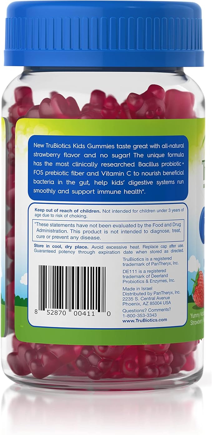 TruBiotics Probiotics for Kids with Prebiotics & Vitamin C, Sugar-Free Gummies for Digestive & Immune Health Support, Chewable Kids Probiotic Supplement, Natural Strawberry Flavor, 40 Gummies