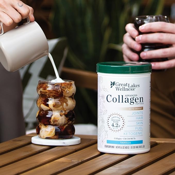 Great Lakes Wellness Keto Boost Advanced Collagen Peptides with 4.2g MCTs - Vanilla - Nutritiously-Rich Non-Dairy Coffee Creamer or Smoothie Alt - Non-GMO, Kosher - 14.1 oz - Packaging May Vary