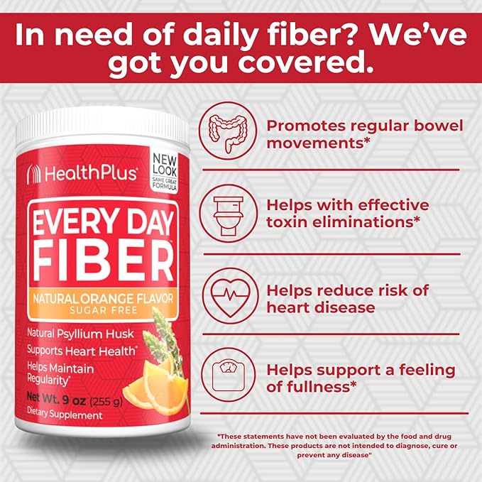 Health Plus Every Day Fiber Digestive Support | Natural Sweetener without Artificial Flavors | Daily Fiber for Toxin Elimination To Reduce Bloating | Orange Flavor | 9 Ounces, 36 Servings.