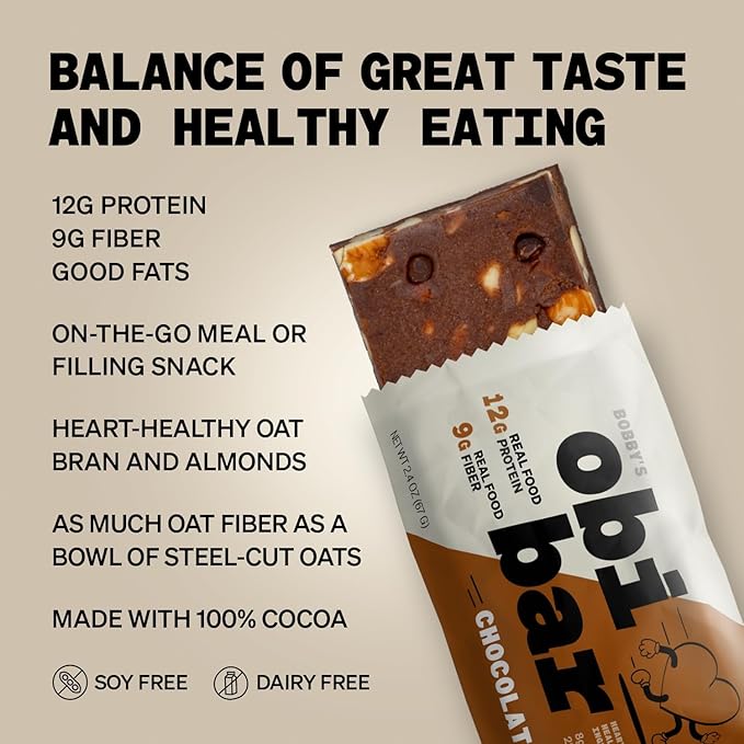 Obi Bar Chocolate - Protein and Oat Fiber Bar | All Natural | Meal Bar | Heart and Gut Health | Lightly Sweet | Chocolate Brownie | Almond Chunks | Soy Free, Dairy Free | Ideal Meal Replacement Bar
