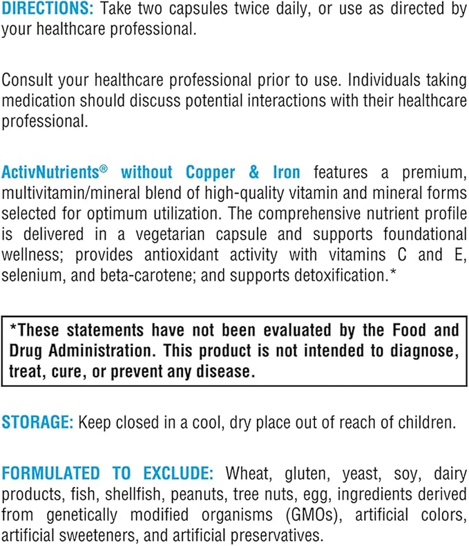 XYMOGEN ActivNutrients Without Copper & Iron - Multimineral Multivitamin for Men + Women with Folate, B12, Zinc and Vitamin C, Beta Carotene, Selenium Supplement - Daily Multivitamin (120 Capsules)
