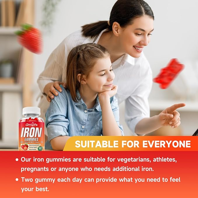 Iron Gummies for Women, Men & Kids, Sugar Free Iron Supplement with Calcium, Zinc, Folate & Vitamin B12, C, B6 - for Blood Building & Energy Support, Anemia, Strawberry, 120 Count