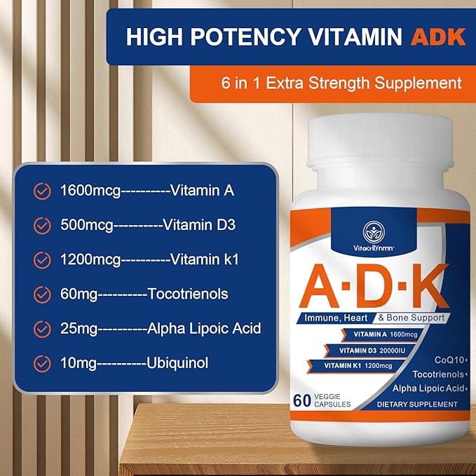 ADK Vitamin Supplement 20000 IU - High Potency Vitamins A, D3 and K1 for Heart, Bone Health and Immune Support Vitamin ADK 180 Capsules