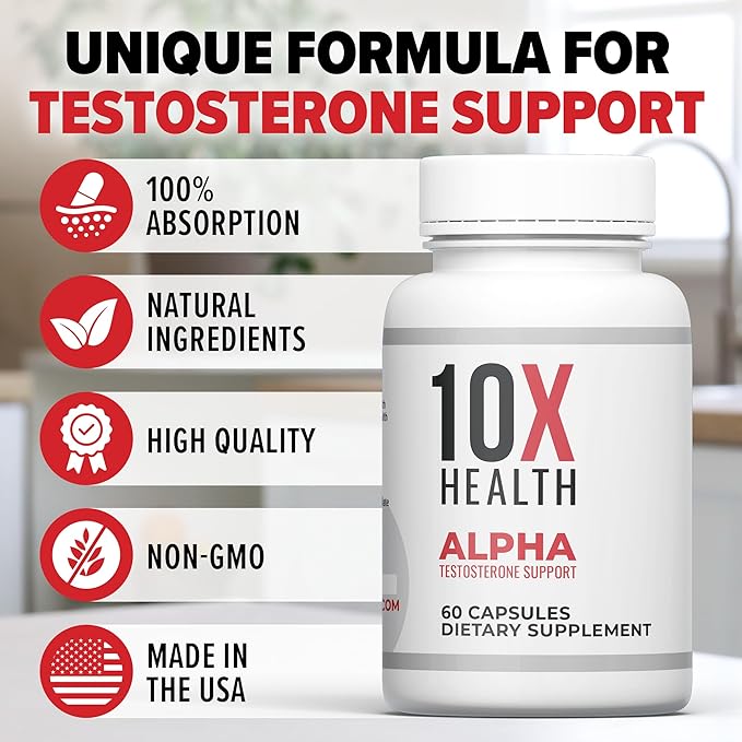 10X Health Alpha Testosterone Support - Muscle Builder & Testosterone Booster for Men with Tongkat Ali 1000mg, Muscle-enhancing Libido Booster & Testosterone Supplement for Men (60 Capsules, 2x Daily)
