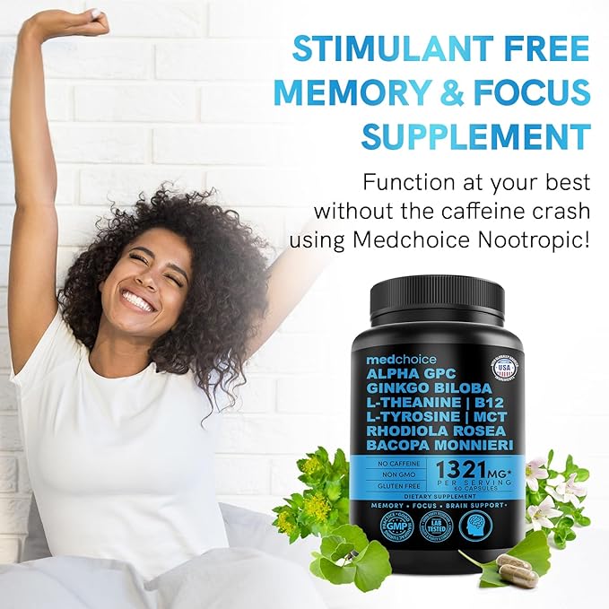 11-in-1 Nootropic Brain Supplements: Memory & Focus Supplement with Ginkgo Biloba, L Theanine, Bioperine, & Alpha GPC Choline - 1321mg, 60ct - Stimulant Free, Vegan - Focus Brain Support (1 pack)
