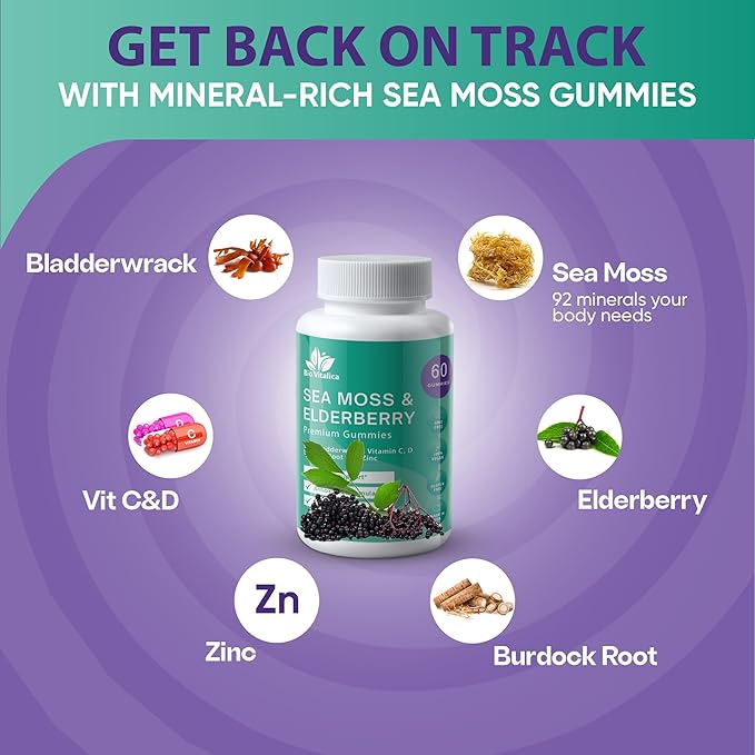 BIO VITALICA Sea Moss Gummies Elderberry BioVitalica - Vitamin C D + Zinc - Irish Seamoss Vegan Gummy with Sea Moss Gel & Powder for Immunity, Detox - for Adults and Kids