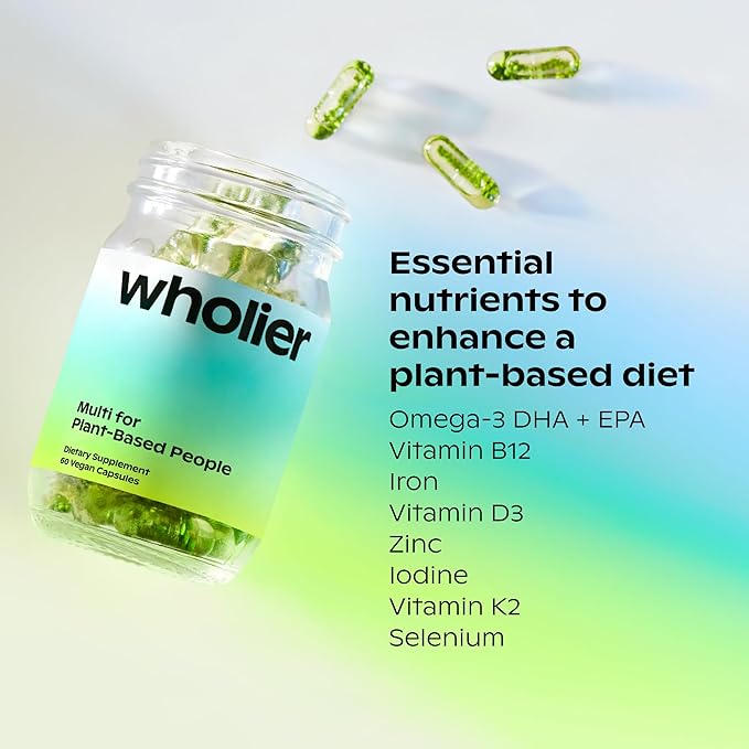 wholier -Plant-Based Vegan Multivitamin Omega 3 DHA + EPA, Vitamin D, Vitamin B12, Zinc, Vitamin K2, Iron, Iodine, Selenium. 60 Count (30-Day Supply) (Compostable Refill)
