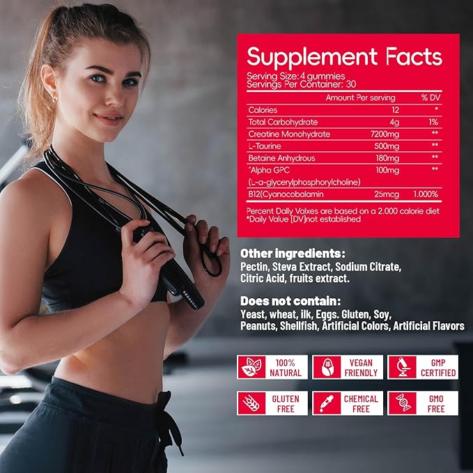 Creatine Monohydrate Gummies for Men & Women 120 CT - 7200mg of Creatine Monohydrate per Serving, Chewable Creatine Monohydrate for Muscle Support & Energy Boost, Sugar Free, Vegan (Raspberry Flavor)