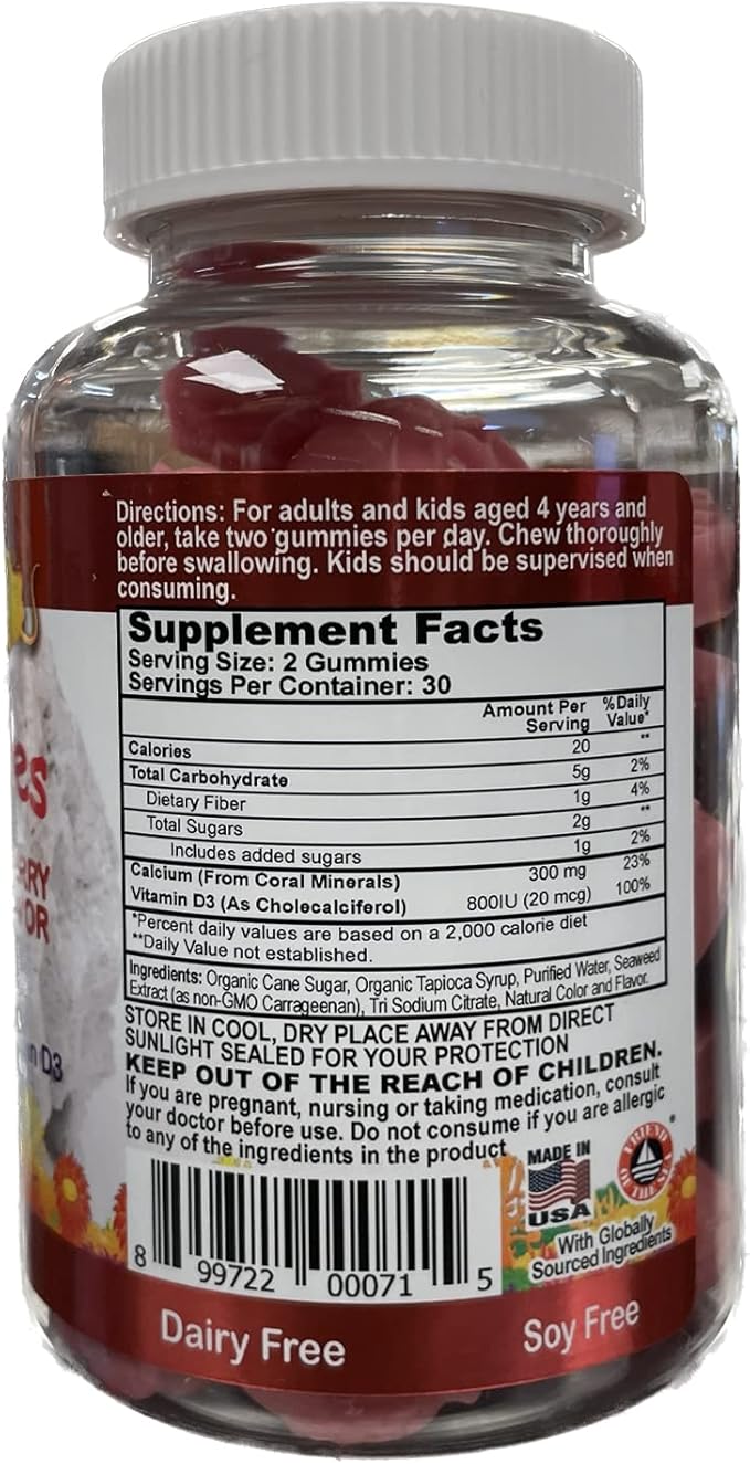 Coral Calcium Vitamin D3 Kids Gummy, Natural Cherry Flavor, Non GMO, Gluten-Free, Dairy-Free, Soy-Free and Gelatin Free - 300 mg of Calcium, and 800 IU of Vitamin D3-60 Gummies (1 Pack)