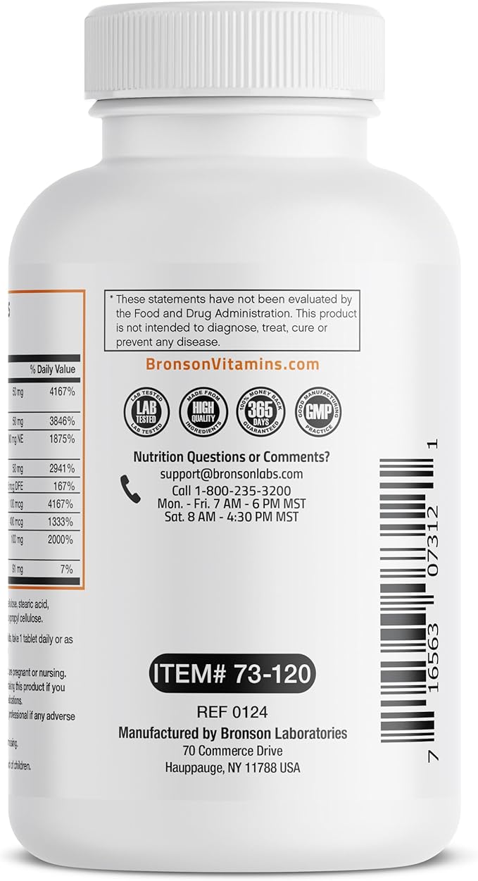Bronson Super B Vitamin B Complex Sustained Slow Release (Vitamin B1, B2, B3, B6, B9 - Folic Acid, B12) Contains All B Vitamins 120 Tablets