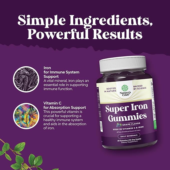 Extra Strength Iron Gummies for Women and Men - Potent 45mg per Serving Chewable Iron Supplement for Women & Men with Vitamin C for Higher Absorption - Vegan Daily Iron Gummy for Adults (60 Servings)