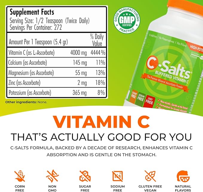 4000mg Vitamin C Powder Supplement - 100% Pure Buffered Powdered Drink with Ascorbate C - Potent Immune Support, Stomach-Friendly Absorption, Organic, Vegan, Sodium & Sugar-Free, Original 26oz