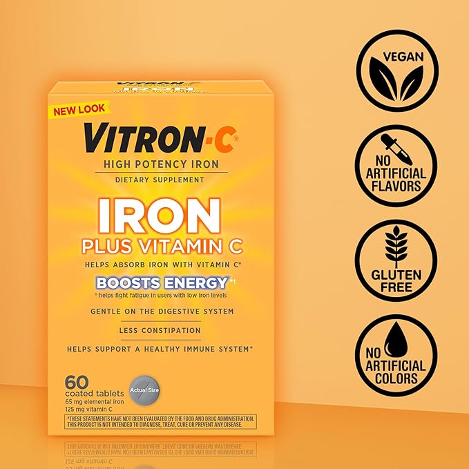 Vitron-C Iron Supplement, Once Daily, High Potency Iron Plus Vitamin C, Support Red Blood Cell Production, Dye Free Tablets, 60 Count, 2 Pack