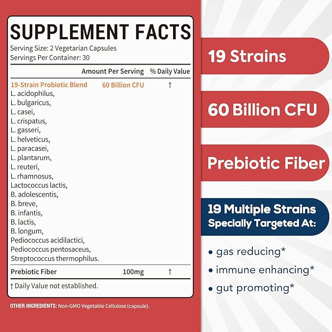 Probiotics 60 Billion CFU 19 Strains for Men & Women, with 100mg Prebiotic, Shelf Stable, 2-in-1 Daily Care Probiotic, Non-GMO, Digestive & Immune Health, 60 Veggie Capsules