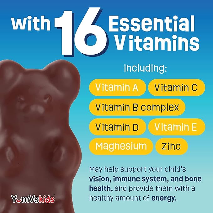 YUM-V'S - Kids Multivitamin Chewable Chocolate Bears - Multivitamin for Kids Supplement - 16 Vitamins & Minerals - Vitamins Including D, Zinc, C, B Complex & More, 60 Count Pack of 2