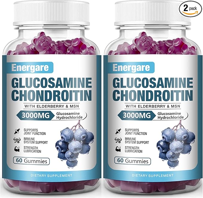 2 Pack 3000mg Glucosamine Chondroitin with MSM Gummies & Elderberry, Extra Strength Joint Support Health, Flexibility, Antioxidant, Immune Supplement Gummy for Adults, Men & Women 120 Counts