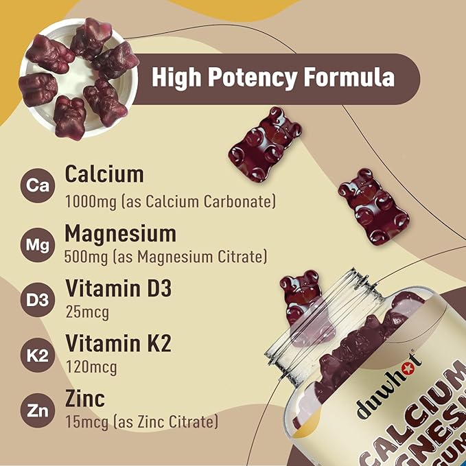 Calcium Magnesium Zinc Gummies for Women, Chewable Calcium Supplement 1000 mg Vitamin D3 & K2, Bone & Nerve Health, Muscle Function, Immune Support & Stress Relief, Blueberry Flavor, 60 Ct