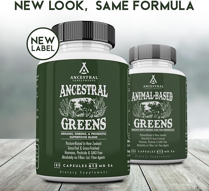 Ancestral Supplements Greens Powder Capsules, Organic Superfood Greens & Reds Blend with Spirulina, Chlorella, Grass Fed Beef Organs, and Probiotics for Gut Health, Non GMO, 615mg Each, 180 Count