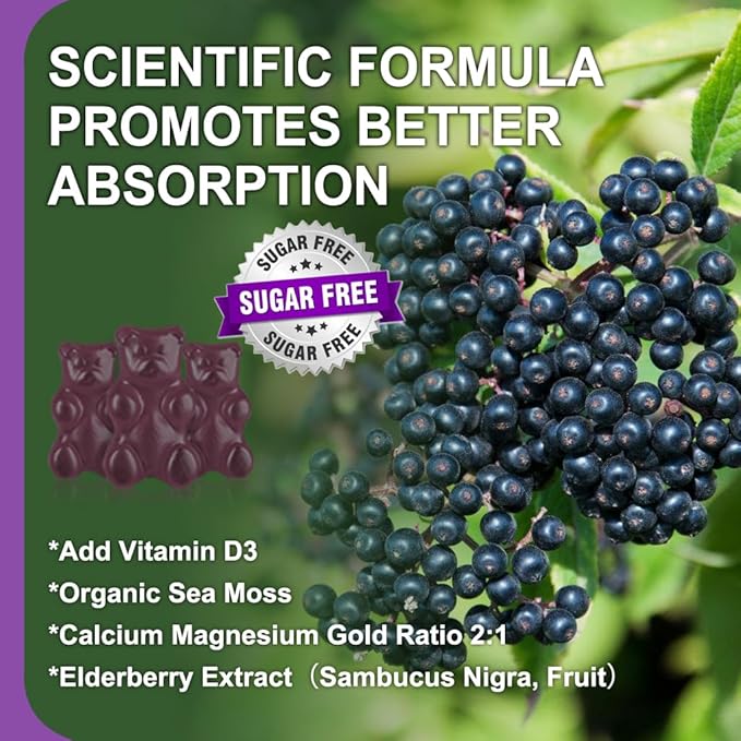 Sugar Free Calcium Magnesium Zinc Gummies with Elderberry and Sea Moss, Calcium Magnesium 2:1, Magnesium Glycinate, Potassium and Vitamin D3 for Bones, Muscles, Calm Mood & Sleep Support, 60 Gummies
