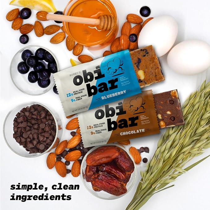 Obi Bar Sampler - Protein and Oat Fiber Bar | All Natural | Meal Bar | Heart and Gut Health | Lightly Sweet | 6 Chocolate and 6 Blueberry | Almond Chunks | Soy Free, Dairy Free | Ideal Meal Replacement Bar
