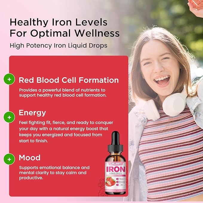 Liquid Iron Supplement for Women Men & Kids Multivitamin Iron Drops with Folate, Vitamin C, B6, B12, Zinc for Anemia, Iron Deficiency, Blood Builder, Energy - Natural Strawberry Flavor, Vegan 2 Fl Oz