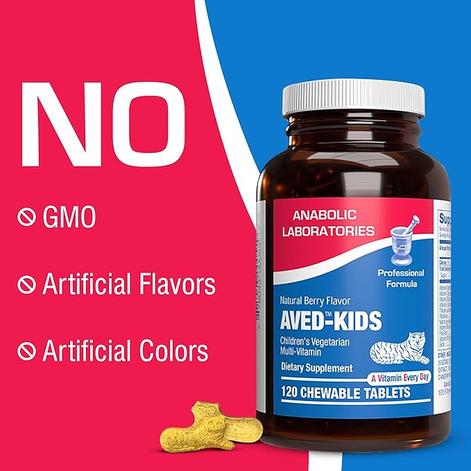 Vitamins for Kids Multivitamin with Iron - 60 Chewable Tiger Tablets with Vitamins A, B-Complex, C, D, E, Iron, Calcium, Magnesium, Zinc, and More - Natural Berry Flavor - AVED Kids