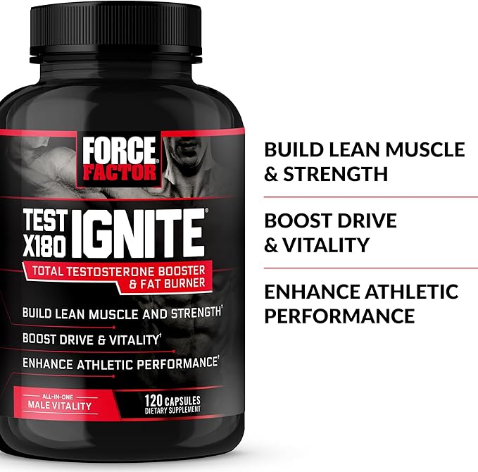 Force Factor Test X180 Ignite Total Testosterone Booster for Men with Fenugreek Seed and Green Tea Extract to Build Lean Muscle, Boost Energy, and Improve Performance, 120 Count