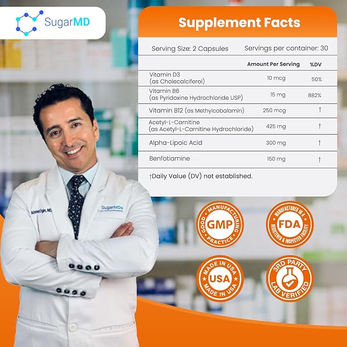 SugarMD Neuropathy Support Supplement โ 60 Nerve Supplement Capsules with Alpha Lipoic Acid, Benfotiamine & Vitamin D3 B6 B12 - Nerve Support Supplement for Feet, Hands, Fingers & Legs - 30 Day Supply