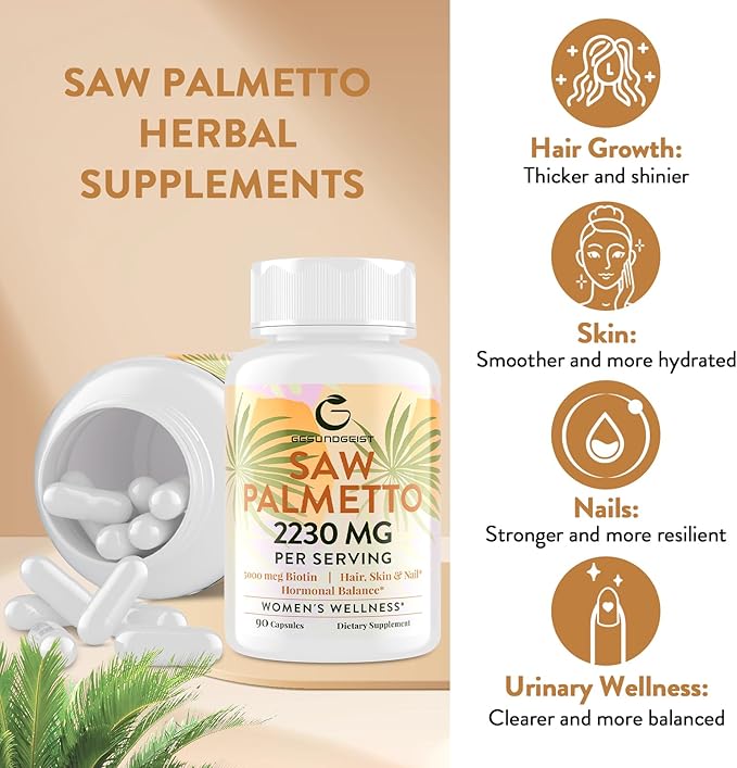 Saw Palmetto for Women Hair Loss - DHT Blocker with 5-in-1 Blend for Hair Growth, Skin & Nails, Urinary Wellness - Extra Strength Saw Palmetto Supplement - 180 Capsules