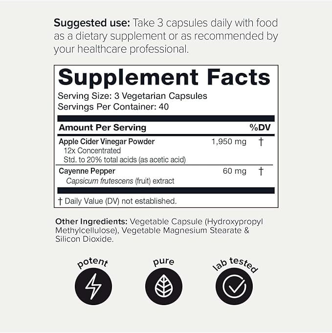 Toniiq 20% Acetic Acid Ultra High Strength Non-GMO Apple Cider Vinegar Capsules with Mother - 2,010mg Formula Pills with Cayenne Pepper -12x Potent - 120 Capsules