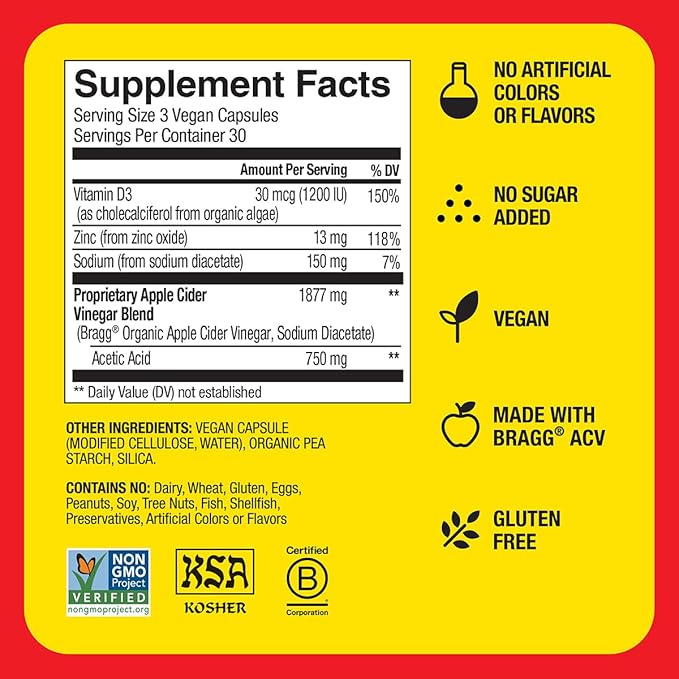 Bragg Apple Cider Vinegar Capsules with Vitamin D and Zinc - 90 Capsules - Supports The Immune System