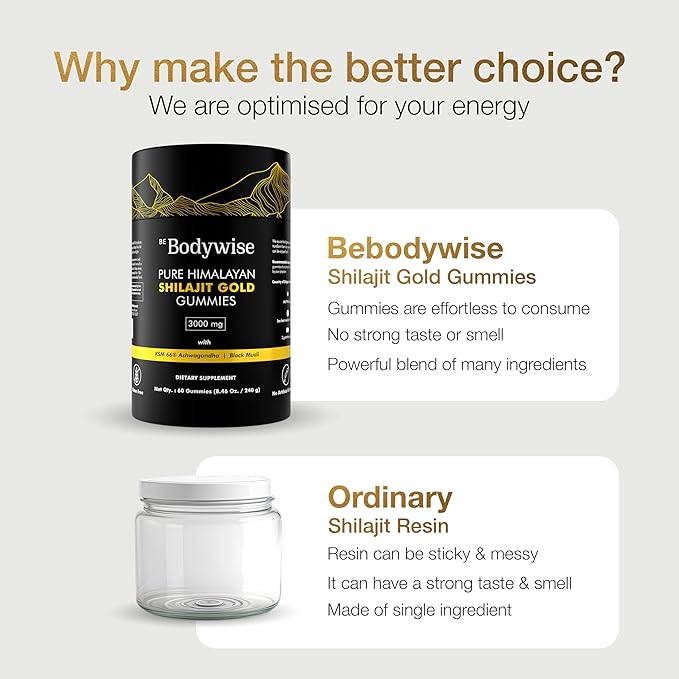 Be Bodywise Pure Himalayan Shilajit Gummies Gold I No Added Sugar I Ashwagandha, Gokshura| Fulvic Acid & 85+ Trace Minerals I for Men, Women I Non-GMO I 100% Natural & Organic I 120 Gummy I Pouch