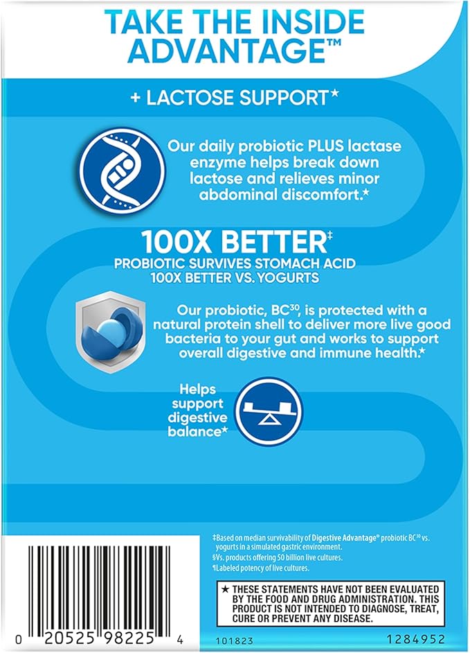 Digestive Advantage Probiotics + Lactase Digestive Enzymes For Digestive Health, Daily Probiotics For Women Men Occasional Bloating, Lactose Breakdown, Minor Abdominal Discomfort, Immune Support, 96ct
