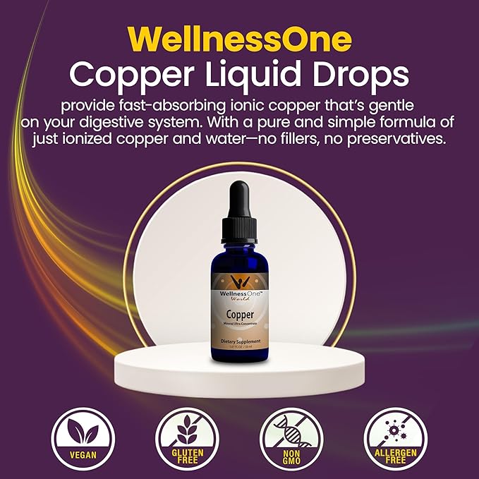 WellnessOne Liquid Copper Supplements - Immune Support Copper Sulfate Also Great for Joint, Nerve & Bone Health - Copper Supplement Drops Maximizes Iron Absorption for Kids, Men & Women - 1.67 fl oz