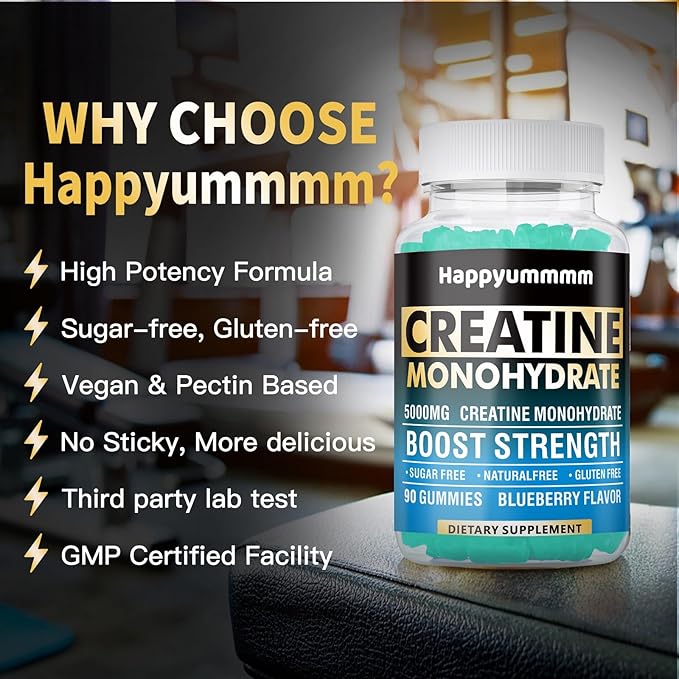 Creatine Monohydrate Gummies 5000mg for Men & Women, Chewables Creatine Monohydrate for Muscle Strength, Muscle Builder, Energy Boost, Pre-Workout Supplement(90 Count)-Blueberry