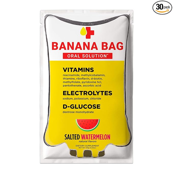 Banana Bag Oral Solution Recovery Packets - I.V. Alternative - Salted Watermelon 30pk: Pharmacist-Formulated for Fast Energy Boost, Rehydration & Wellness. Electrolytes + Vitamin C + Strong B-Complex