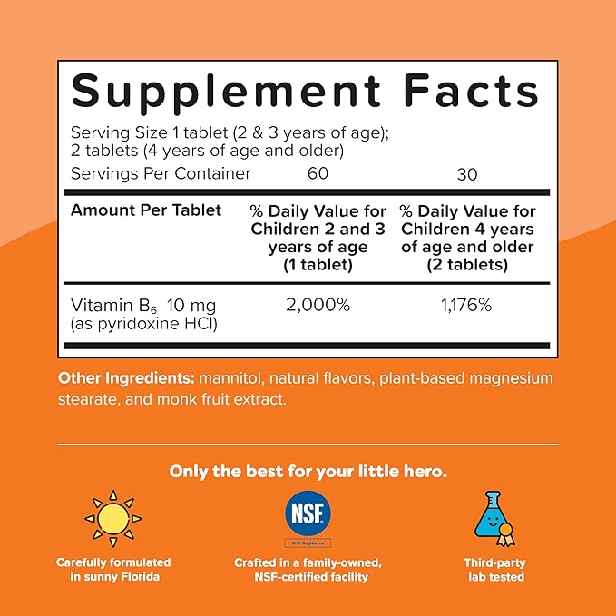 Renzo's Bright & Brainy Vitamin B6 - Dissolving Kids Vitamin B6-60 Sugar-Free Melty Tabs, Oh Oh Oh Orange Flavored