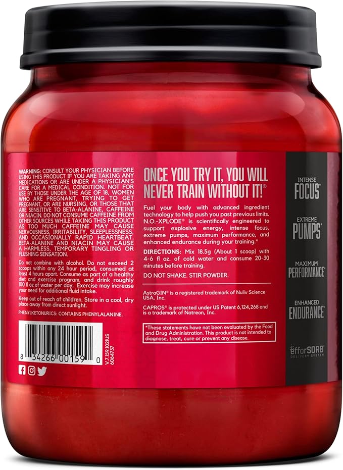 BSN N.O.-XPLODE Pre Workout Powder, Energy Supplement for Men and Women with Creatine and Beta-Alanine, Flavor: Grape, 60 Servings
