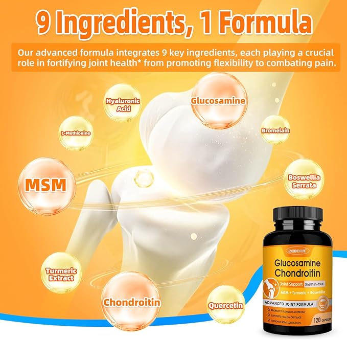 ZEBORA Glucosamine Chondroitin with Turmeric & MSM Joint Support Supplement, Glucosamine Sulfate with Boswellia for Joint Health & Relief, 115 Capsules