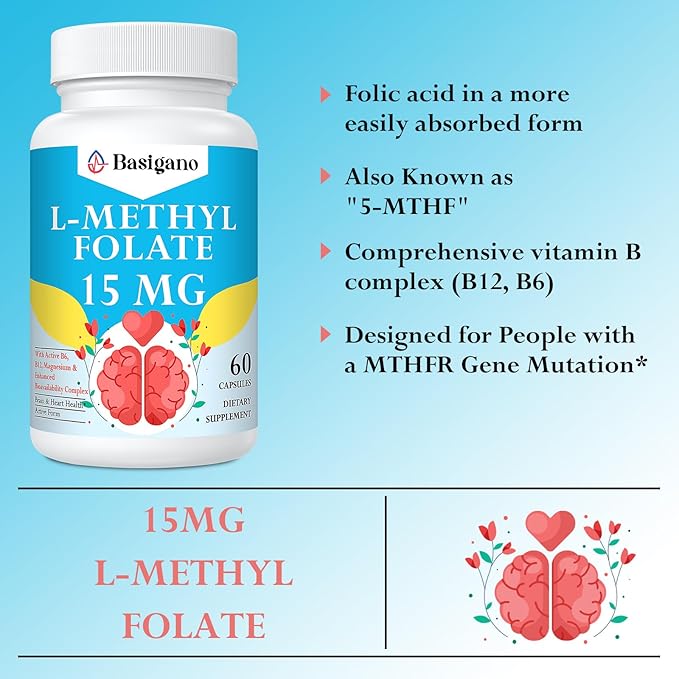 15mg L Methylfolate (5-MTHF)- Active Folic Acid-Enriched with Vitamins B6 and B12-60 Vegetarian Capsules - Non-GMO, Gluten-Free